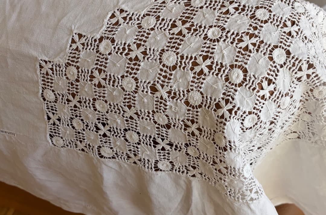 フランスアンティーク　特大　テーブルクロス　リネン　シーツ　ドロンワーク　刺繍