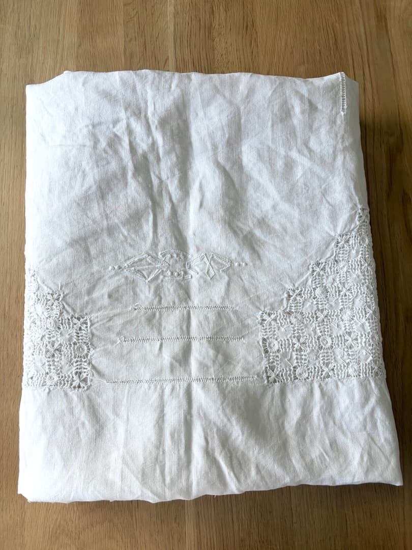 フランスアンティーク　特大　テーブルクロス　リネン　シーツ　ドロンワーク　刺繍