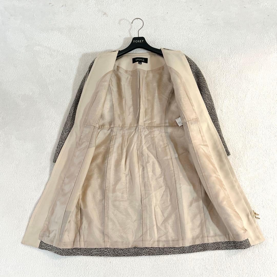 ★EPOCA★ツイードノーカラー ロングコート7分袖 ジップ 黒×ベージュ 38