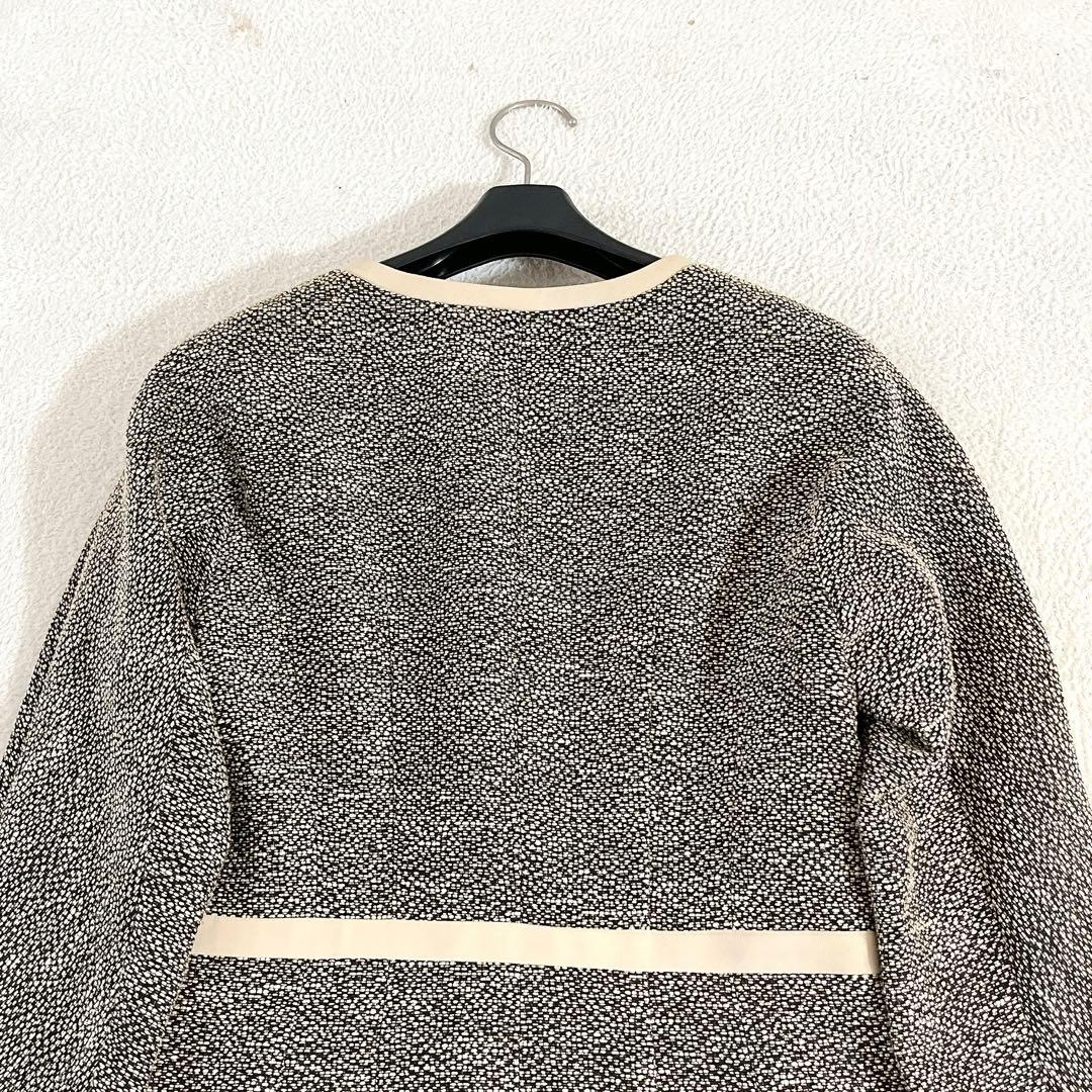 ★EPOCA★ツイードノーカラー ロングコート7分袖 ジップ 黒×ベージュ 38