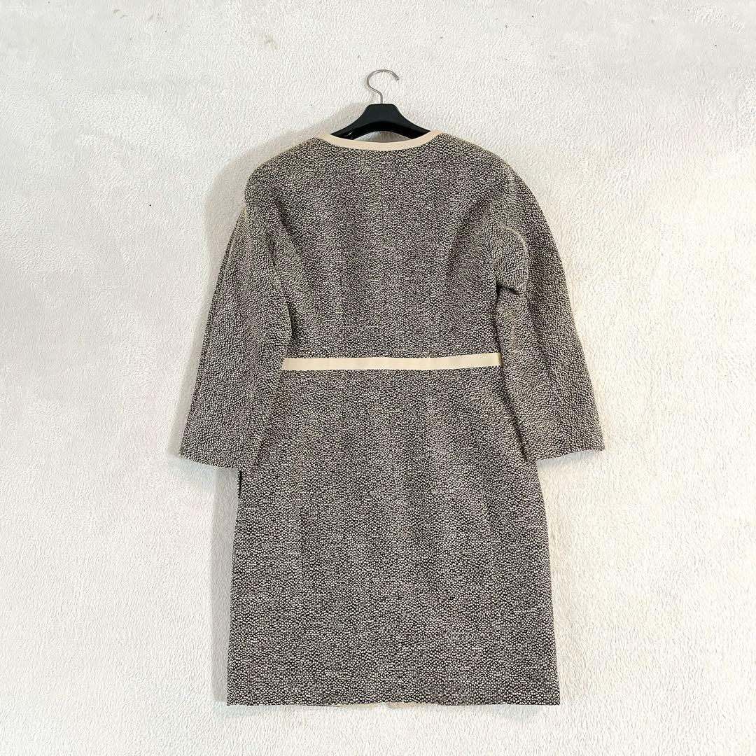 ★EPOCA★ツイードノーカラー ロングコート7分袖 ジップ 黒×ベージュ 38