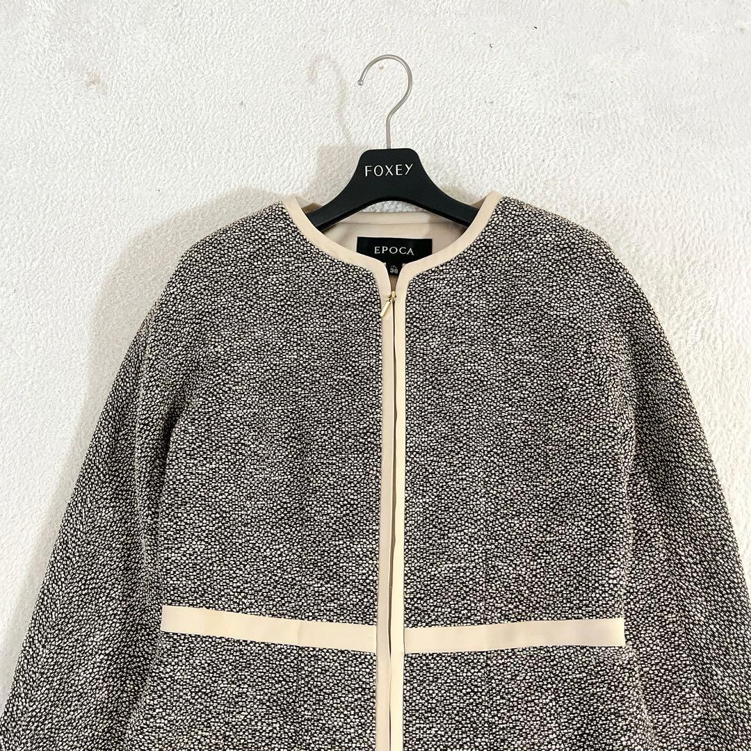 ★EPOCA★ツイードノーカラー ロングコート7分袖 ジップ 黒×ベージュ 38