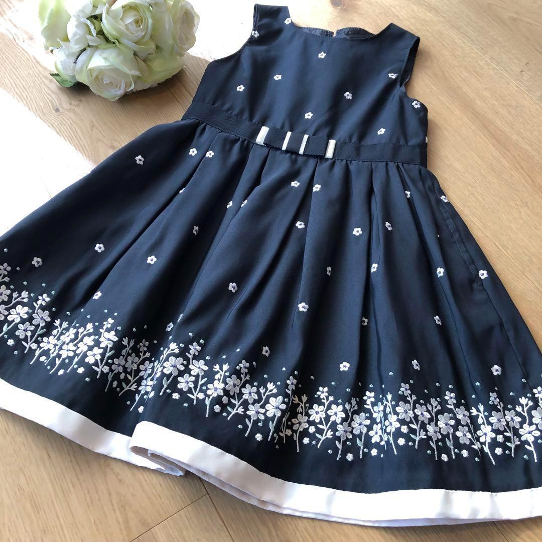 新品 組曲 ワンピース 90-100 花柄刺繍 ネイビー　フォーマル
