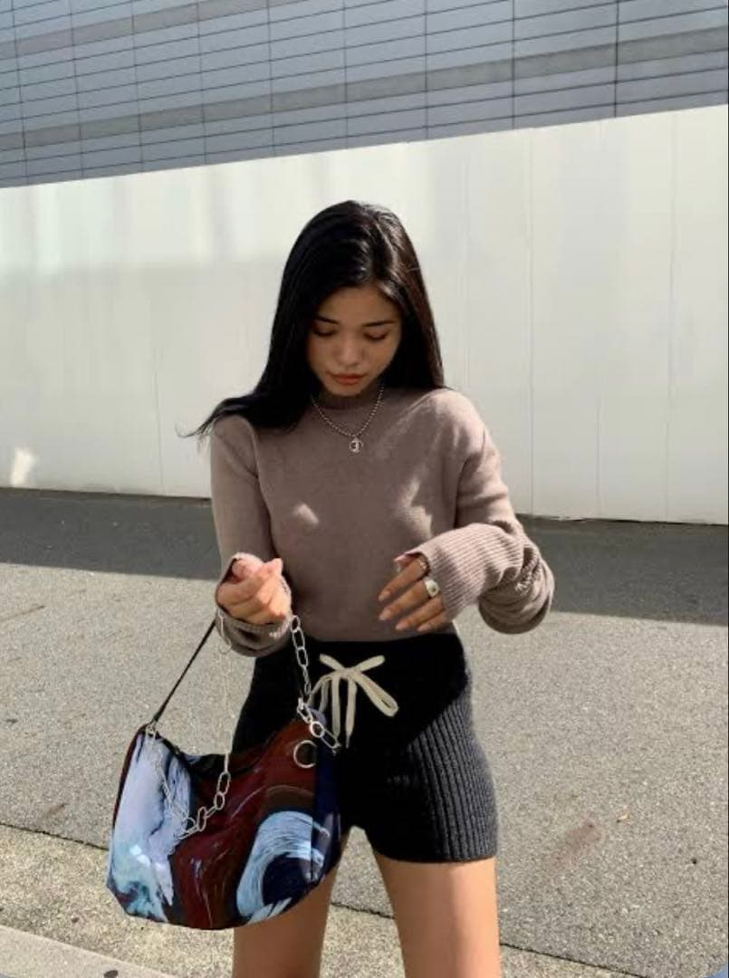 juemi ニット ショーパン リブ編み ベージュ ブラウン ショートパンツ