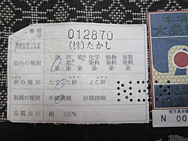 本場泥大島紬証明書：美品：七宝つなぎ模様：こげ茶：袷着物：しつけ糸：P33