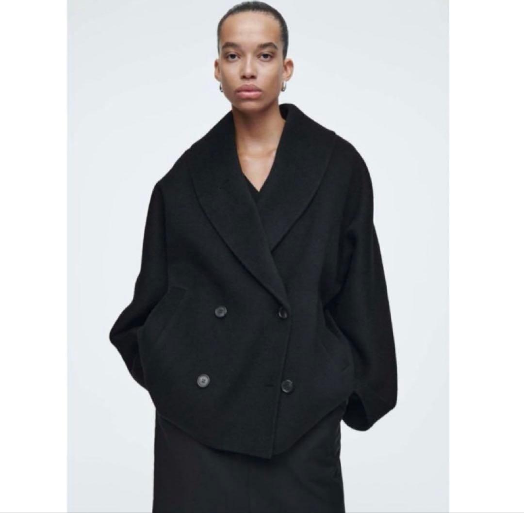 COS ブラック ダブルフェイスウールピーコート