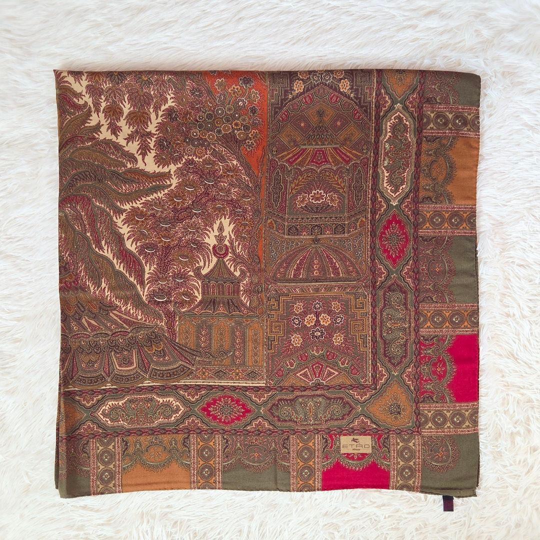 ETRO エトロ 大判 ストール ウール×シルク 正方形 e