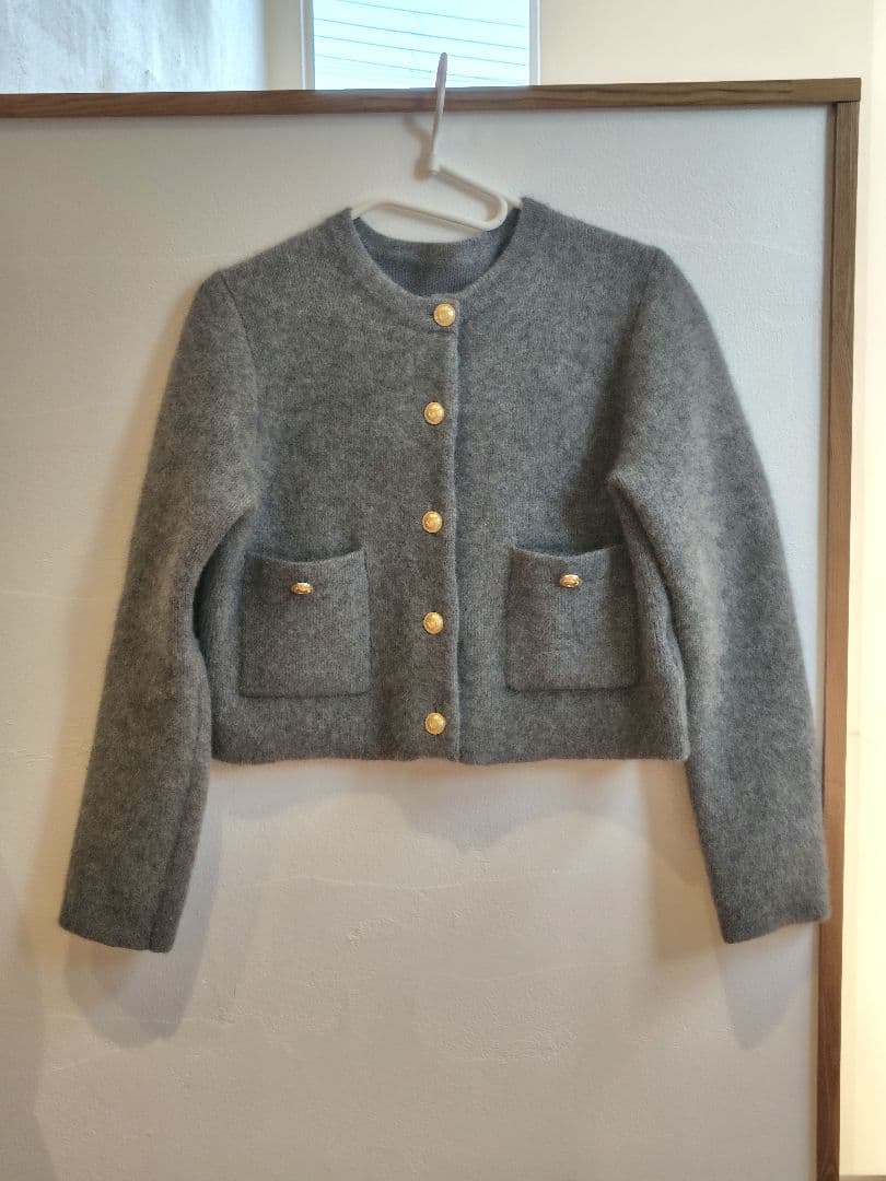 【値下げ不可】anuans ラクーンブレンドノーカラーニットジャケット　グレー