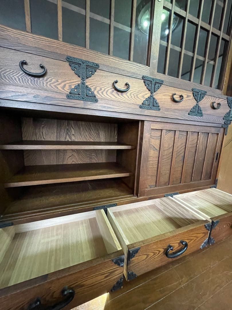 破格送料無料 アンティーク/水屋箪笥/食器棚/ガラス棚/ダイニングボード