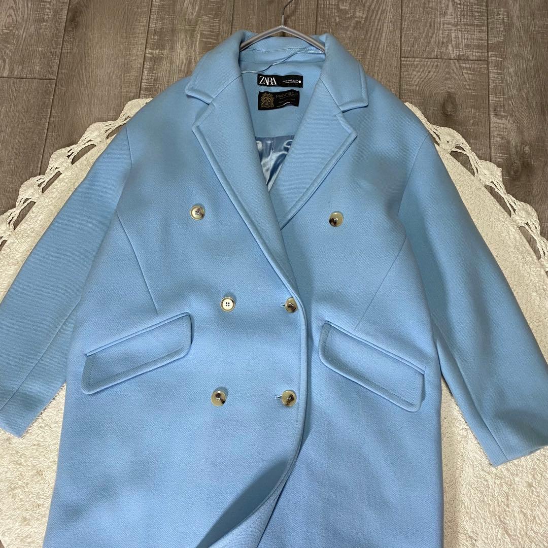 ZARA ザラ マンテコ ダブルロングコート ウール Mサイズ ライトブルー