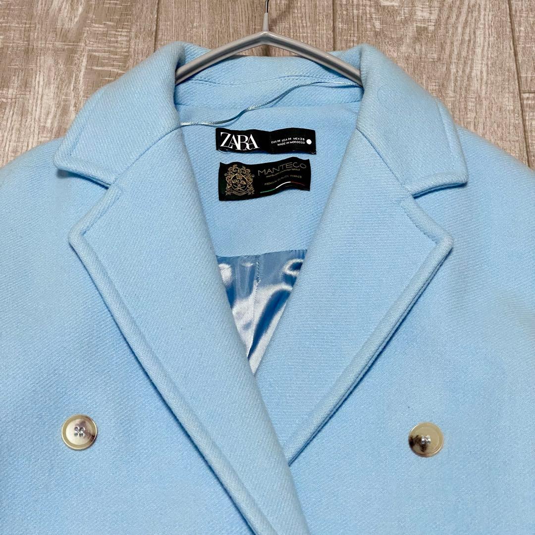 ZARA ザラ マンテコ ダブルロングコート ウール Mサイズ ライトブルー