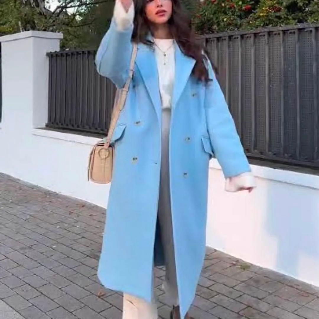 ZARA ザラ マンテコ ダブルロングコート ウール Mサイズ ライトブルー