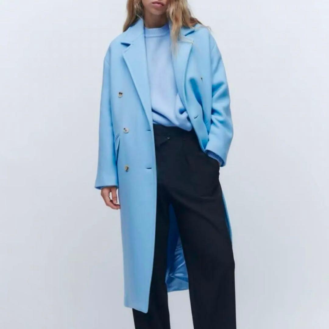 ZARA ザラ マンテコ ダブルロングコート ウール Mサイズ ライトブルー