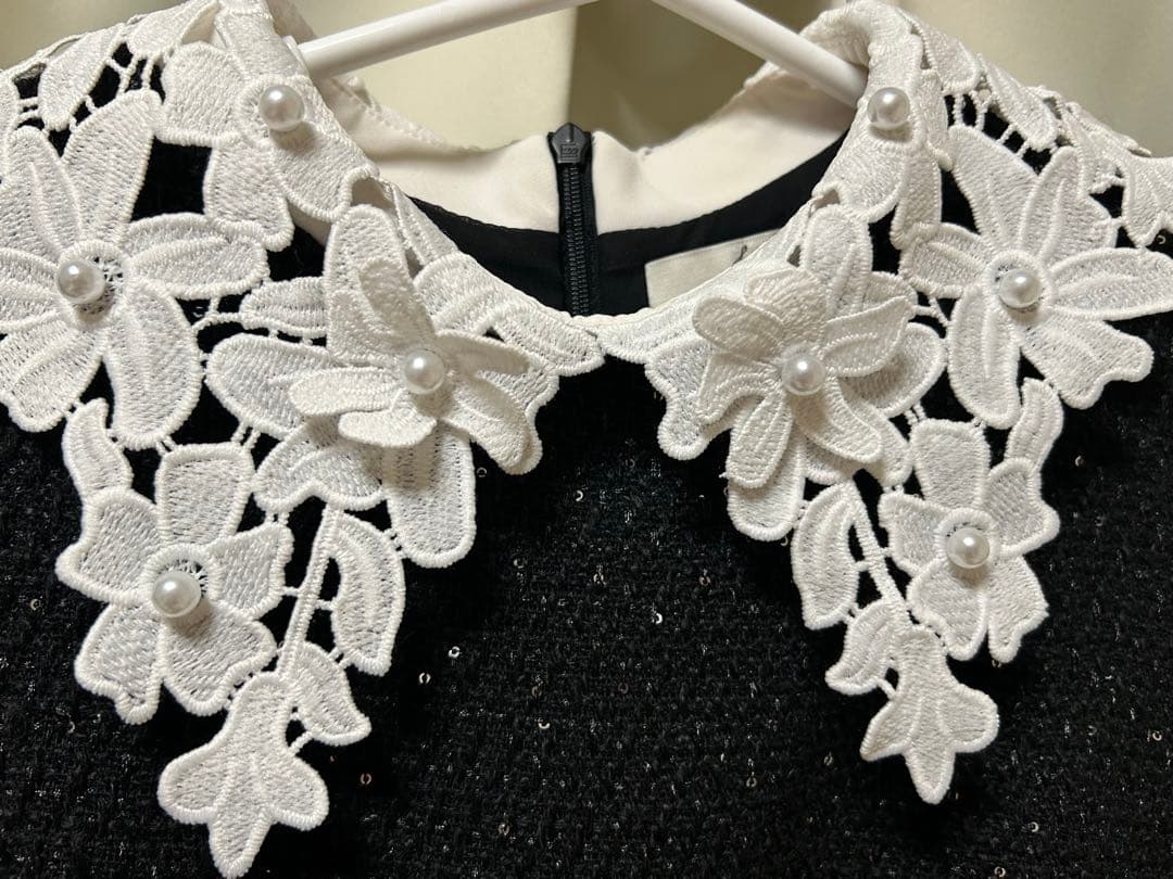 【LEJA】花柄レースカラースパンコール刺繍Aラインフレアドレスワンピース