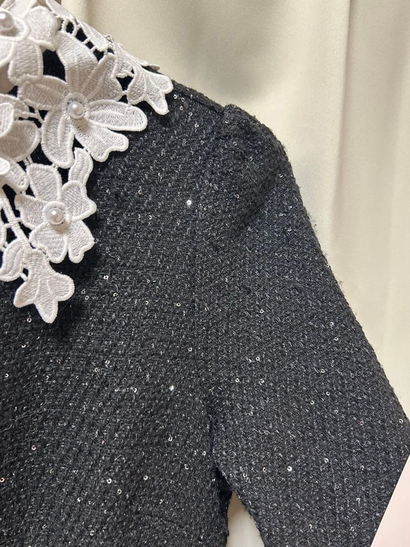 【LEJA】花柄レースカラースパンコール刺繍Aラインフレアドレスワンピース