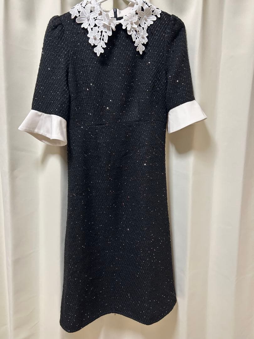 【LEJA】花柄レースカラースパンコール刺繍Aラインフレアドレスワンピース