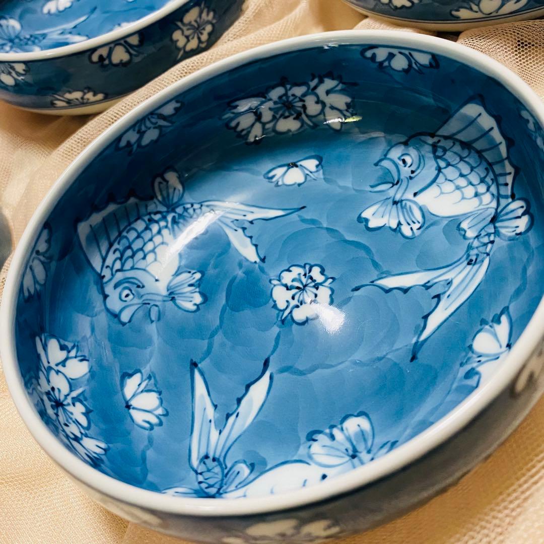 源右衛門窯 染付魚花文皿 5枚 魚花紋 中皿 中鉢 白 青 古伊万里 お正月に