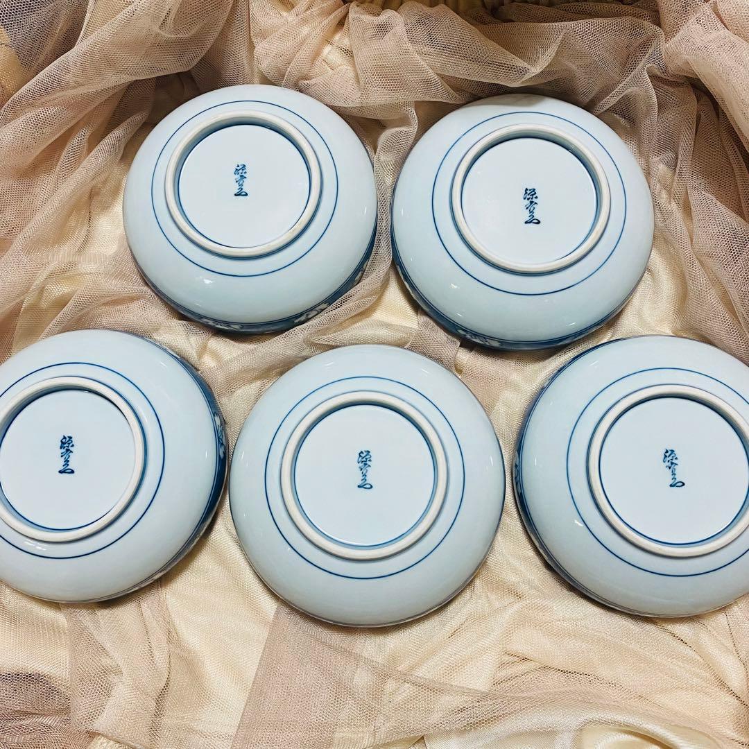 源右衛門窯 染付魚花文皿 5枚 魚花紋 中皿 中鉢 白 青 古伊万里 お正月に