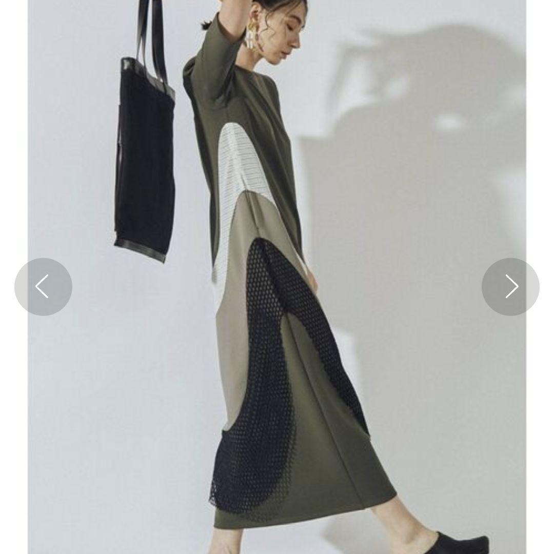 UN3D. 華やかカーブ 切替 メッシュデザイン ロング ワンピース M 半袖