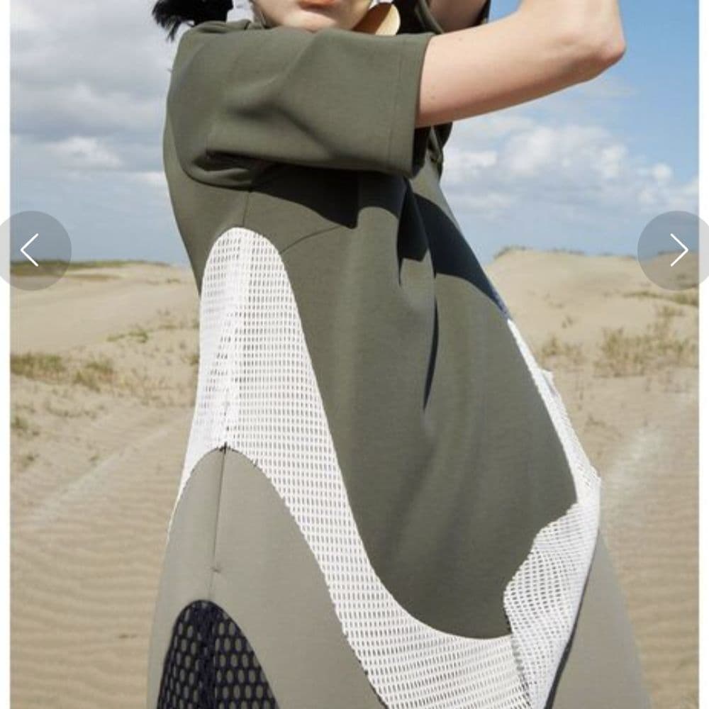 UN3D. 華やかカーブ 切替 メッシュデザイン ロング ワンピース M 半袖