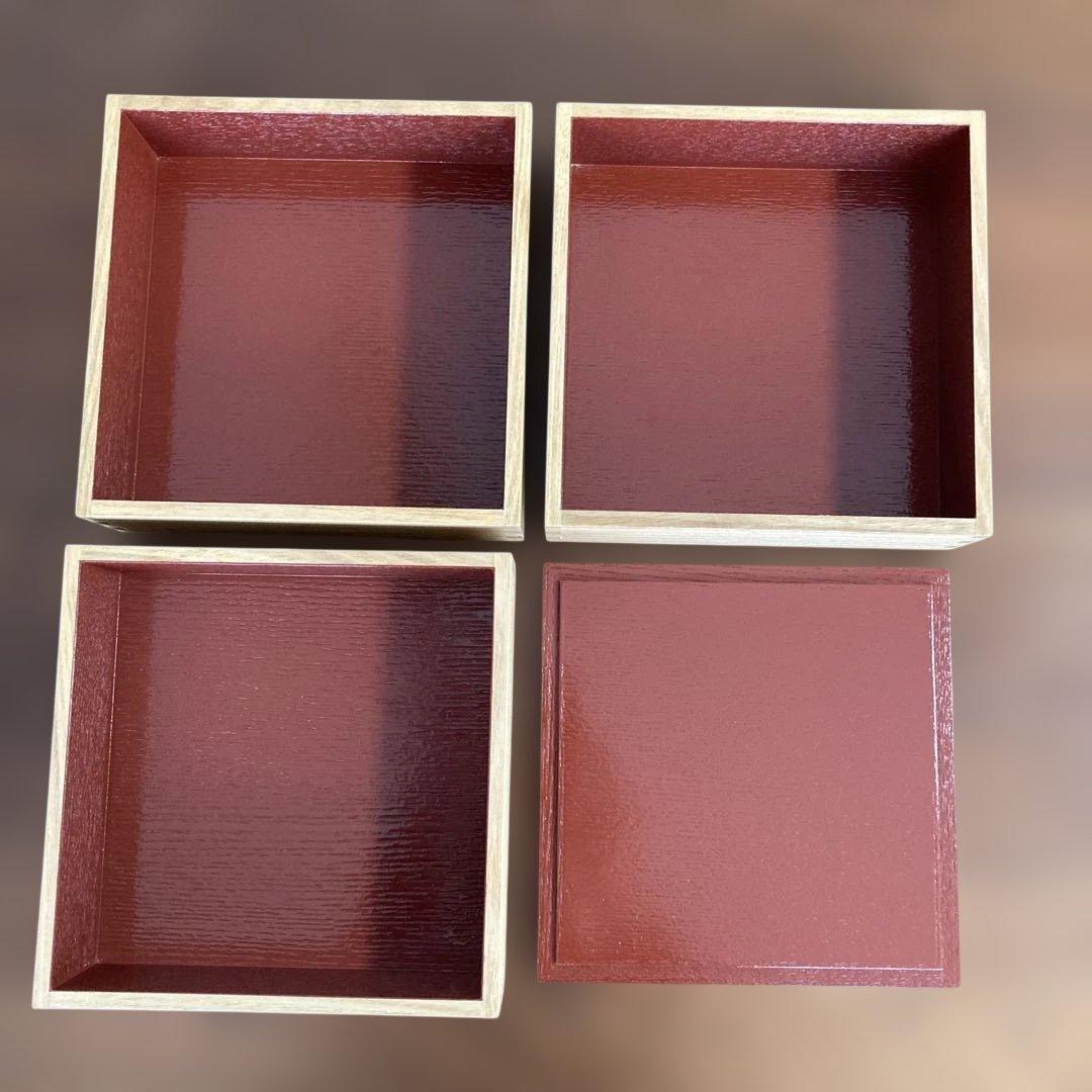 松屋漆器店　白木三段重箱6寸　仕切り4 小皿9お包み風呂敷付き　おせち遠足