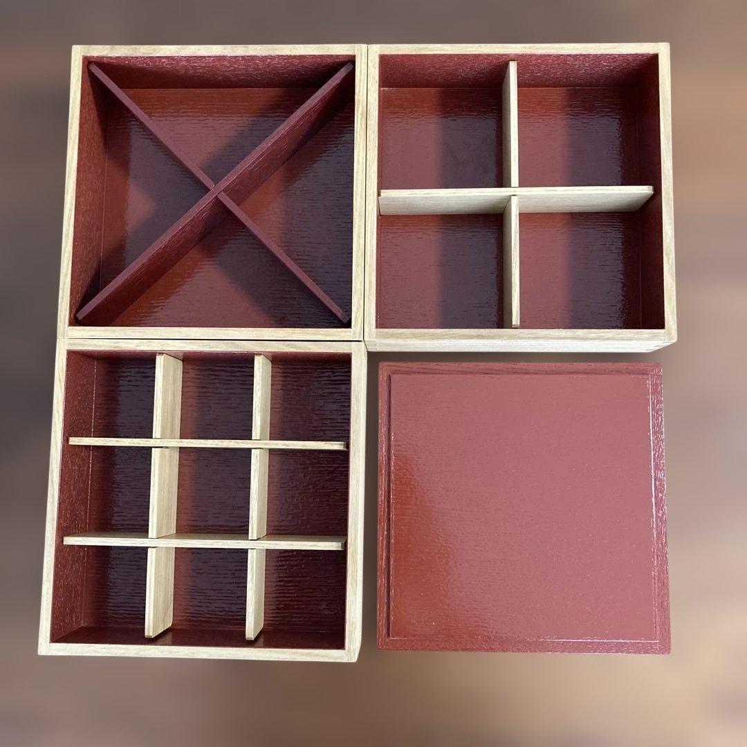 松屋漆器店　白木三段重箱6寸　仕切り4 小皿9お包み風呂敷付き　おせち遠足