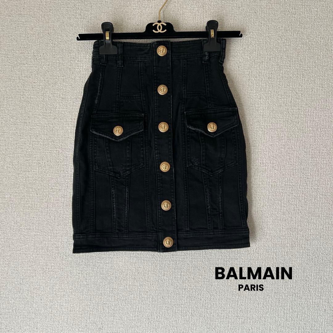 BALMAIN バルマン　ゴールドボタン　ウォッシュドダメージ　デニムスカート