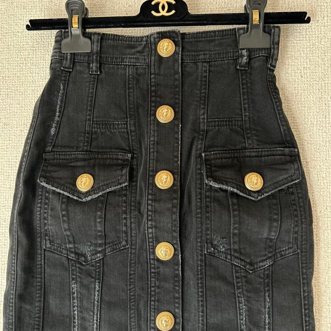BALMAIN バルマン　ゴールドボタン　ウォッシュドダメージ　デニムスカート