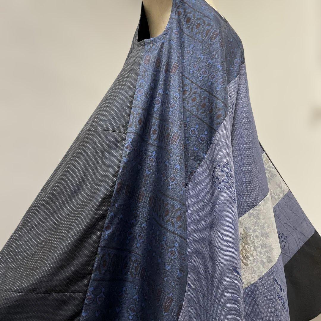 着物ワンピーステントラインロング丈《13》大島紬(証紙付き)等L〜［紺系］