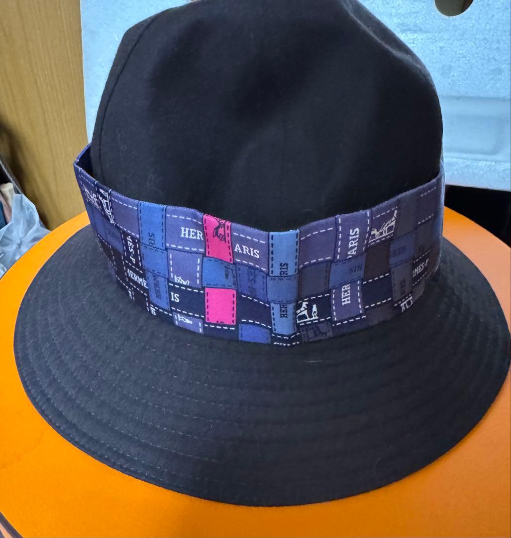 エルメス ハットOLGA オルガ ツイリー付き+ツイリー３種＋箱付き56黒
