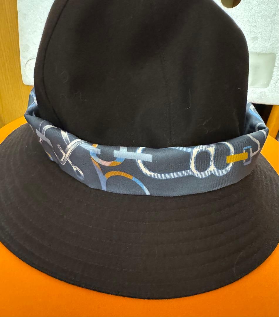 エルメス ハットOLGA オルガ ツイリー付き+ツイリー３種＋箱付き56黒