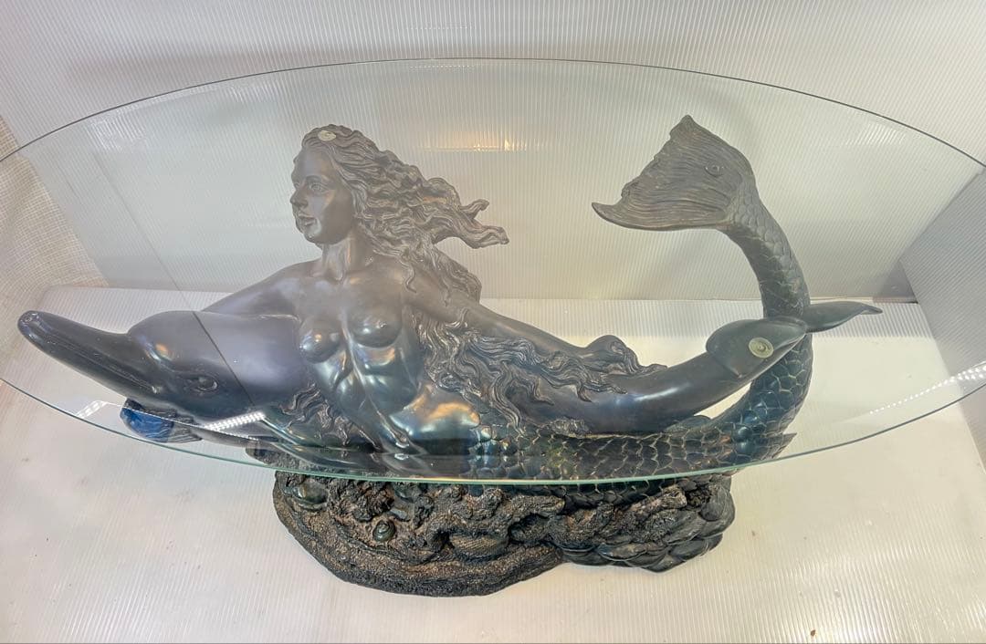 ヴィンテージ マーメイド コーヒーテーブル ガラストップ ブロンズ1980 年代