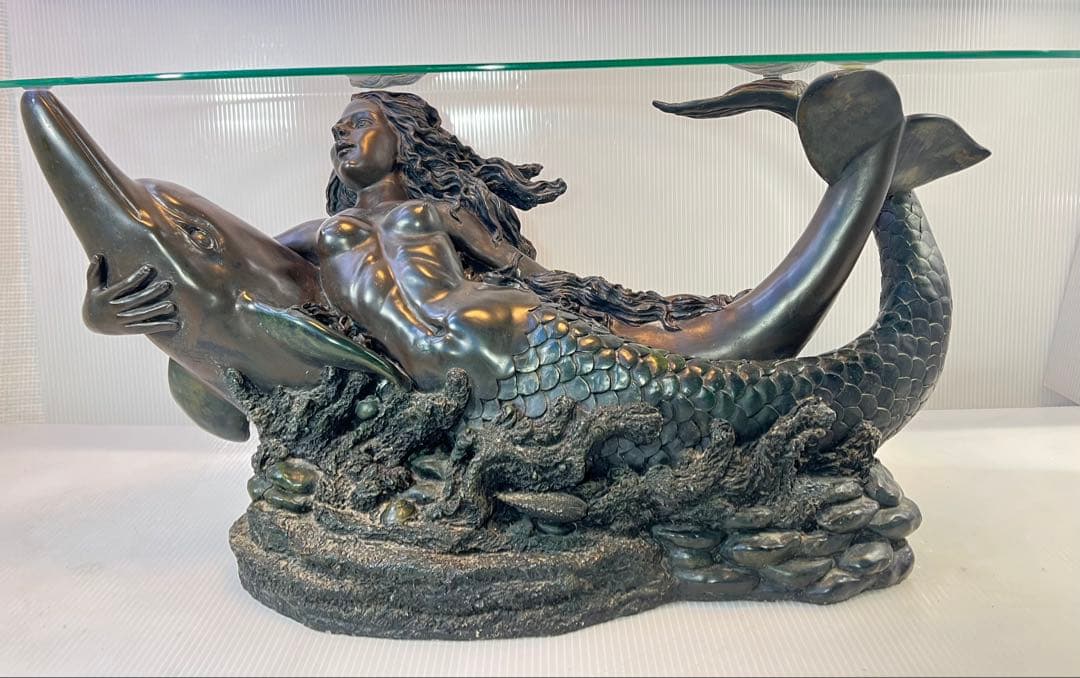 ヴィンテージ マーメイド コーヒーテーブル ガラストップ ブロンズ1980 年代