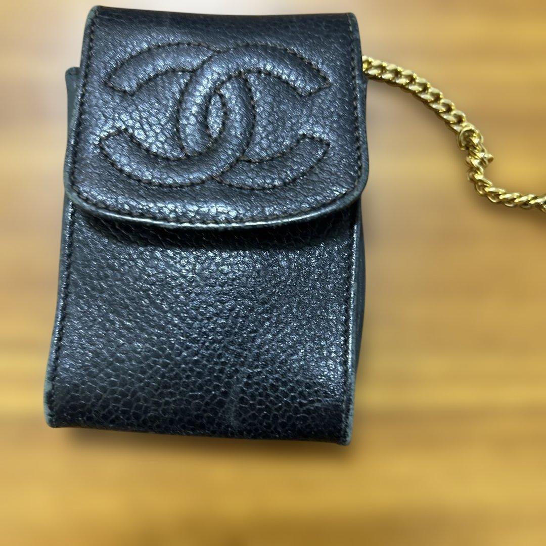 く*き様 CHANEL ブラックレザーポーチ チェーン付き