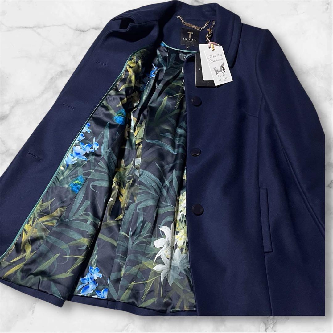 新品タグ付きTED BAKER ステンカラーコート カシミヤ混じり花　紺