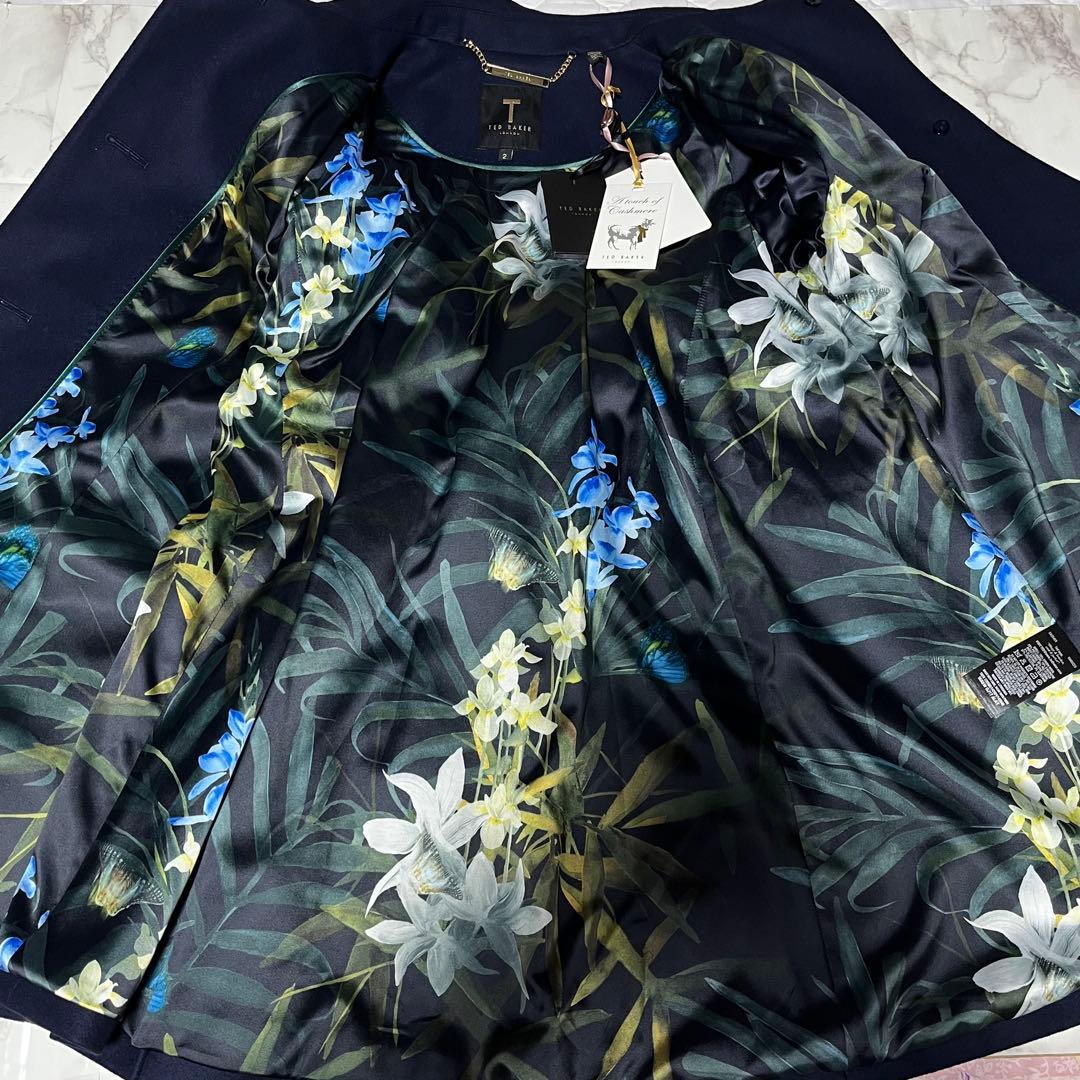 新品タグ付きTED BAKER ステンカラーコート カシミヤ混じり花　紺