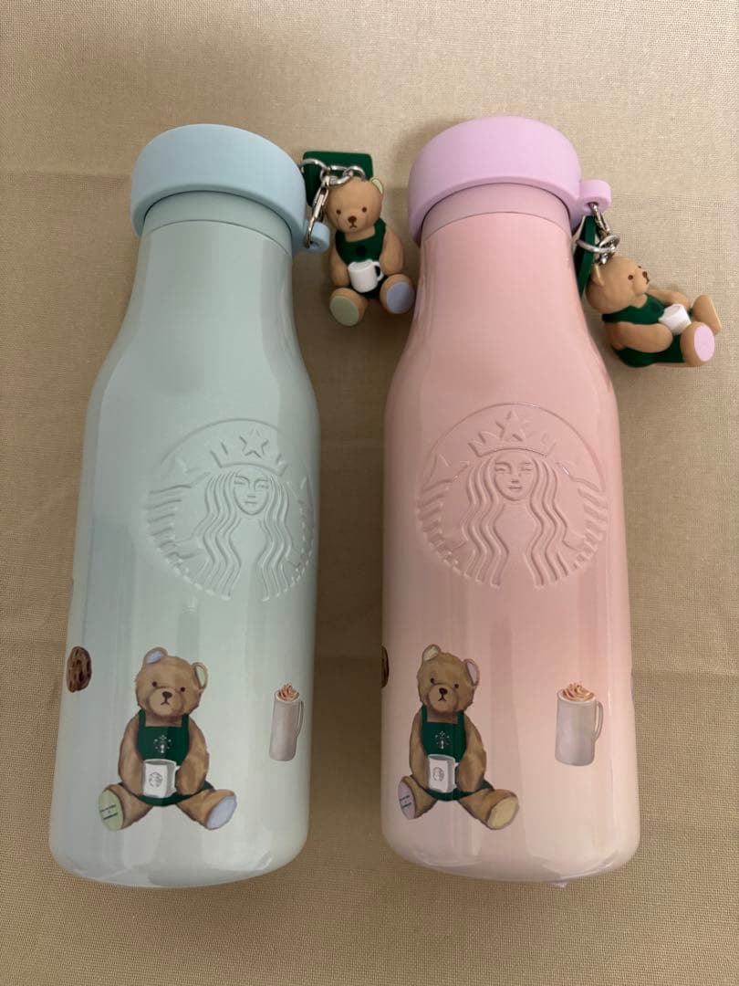 スタバ＆ジェラートピケ ベアチャーム付き　ステンレスボトル ミント&ピンク