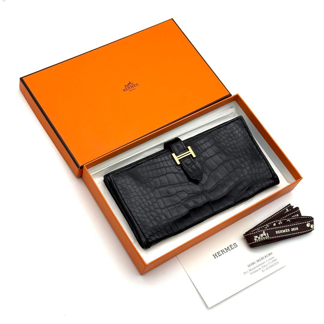 エルメス べアンスフレ クロコダイル アリゲーター 　ブラック 長財布 P21
