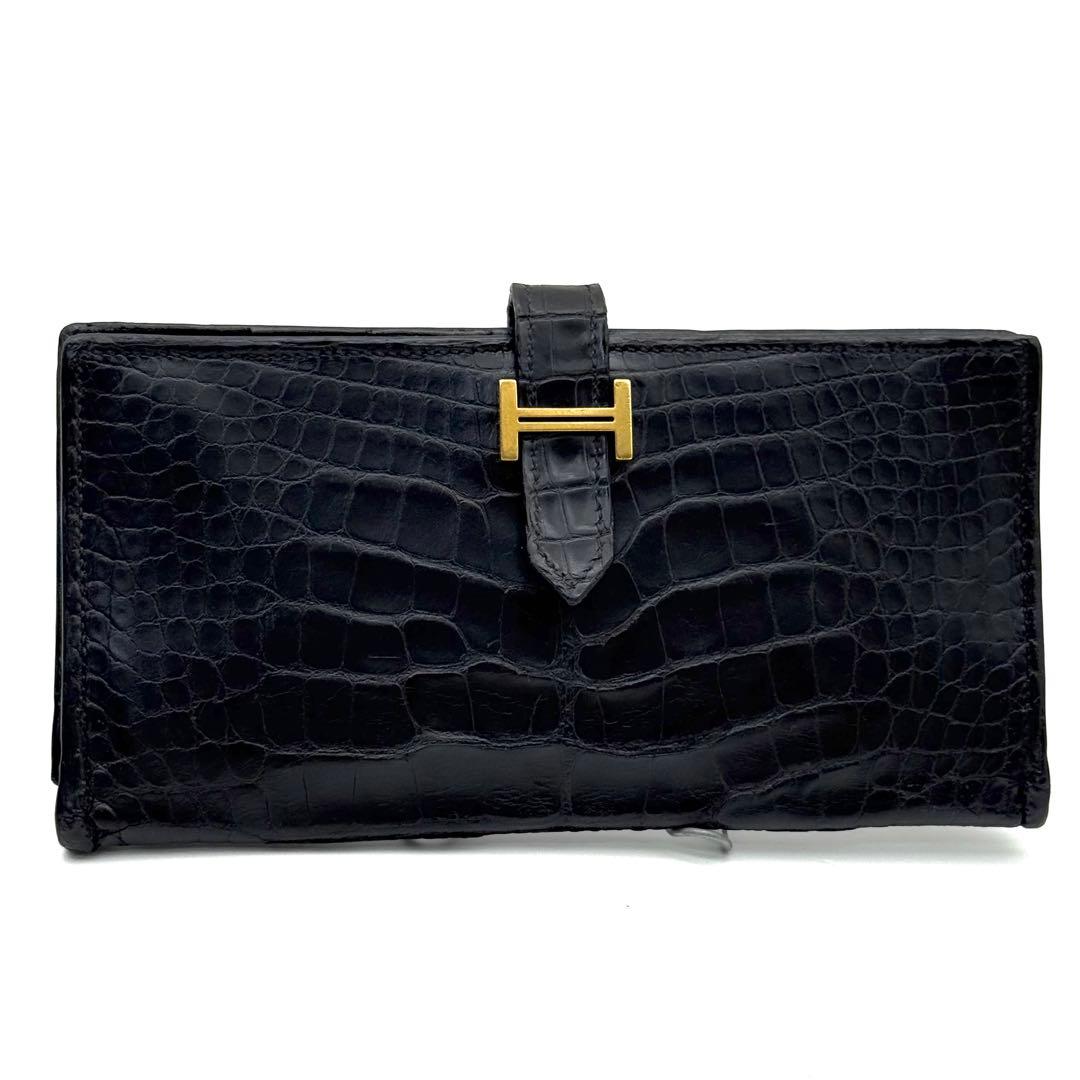 エルメス べアンスフレ クロコダイル アリゲーター 　ブラック 長財布 P21
