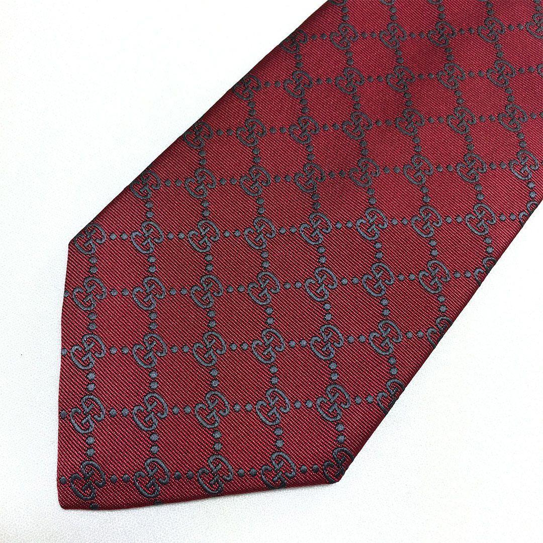未使用級 グッチ GUCCI ネクタイ シルク GG柄 総柄 ダブルG レッド
