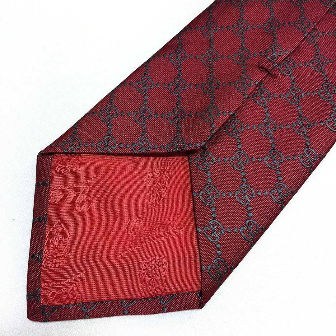 未使用級 グッチ GUCCI ネクタイ シルク GG柄 総柄 ダブルG レッド