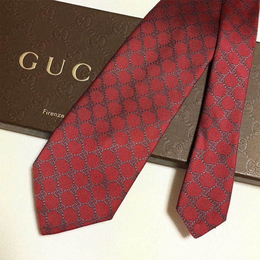 未使用級 グッチ GUCCI ネクタイ シルク GG柄 総柄 ダブルG レッド