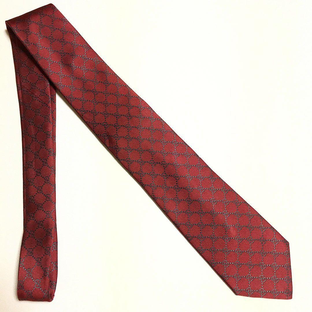 未使用級 グッチ GUCCI ネクタイ シルク GG柄 総柄 ダブルG レッド