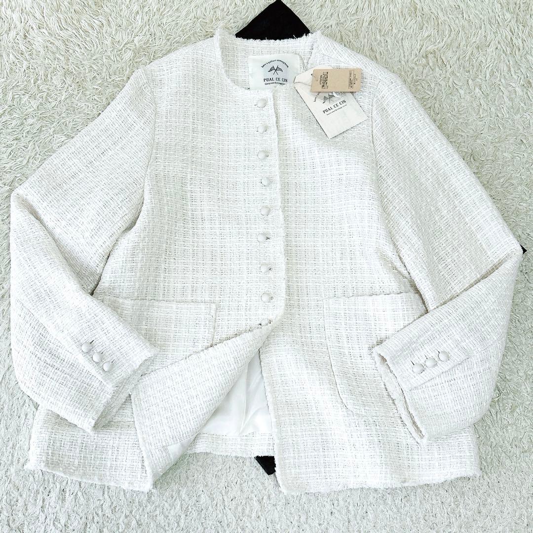 ピュアルセシン★未使用タグ付★ツイードノーカラージャケット★ゆったり★アイボリー