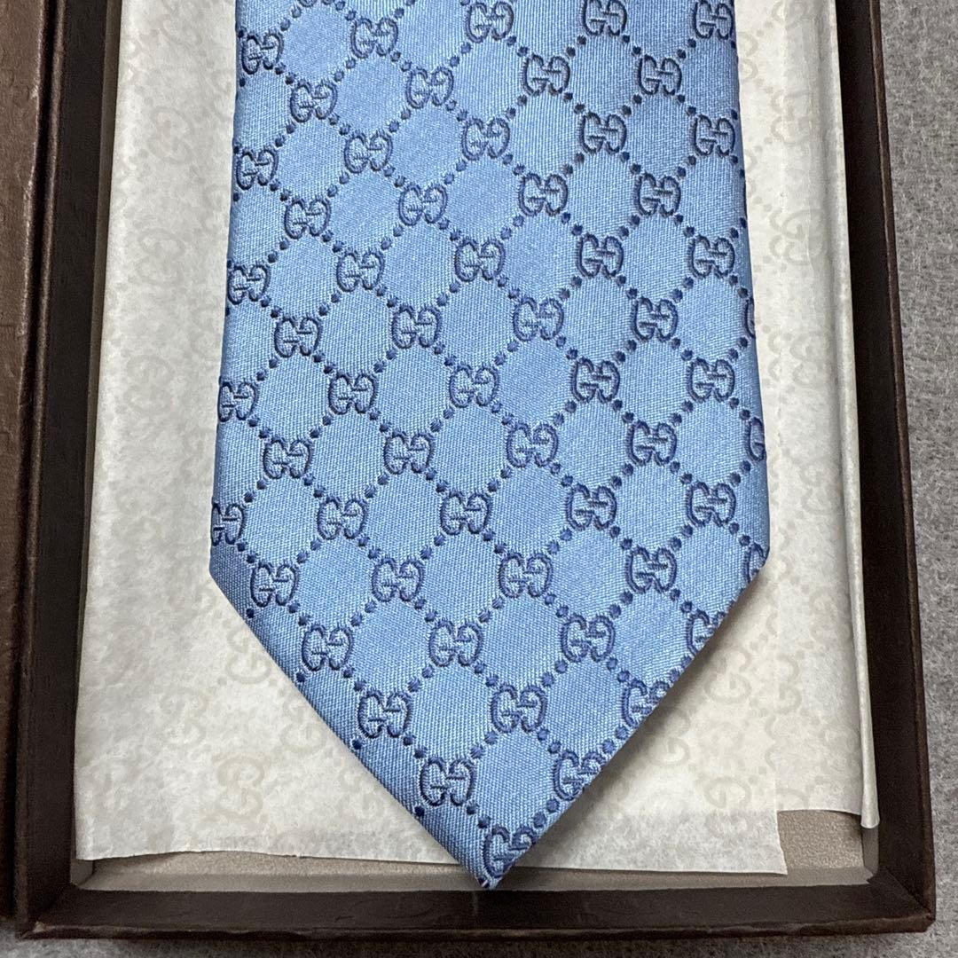 未使用タグ付　グッチ　ネクタイ　水色　GG柄　インターロッキングG 結婚式