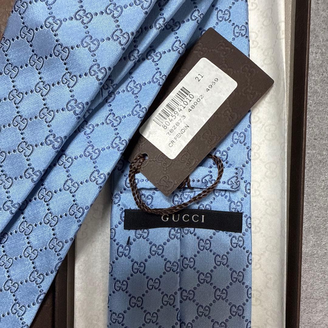 未使用タグ付　グッチ　ネクタイ　水色　GG柄　インターロッキングG 結婚式