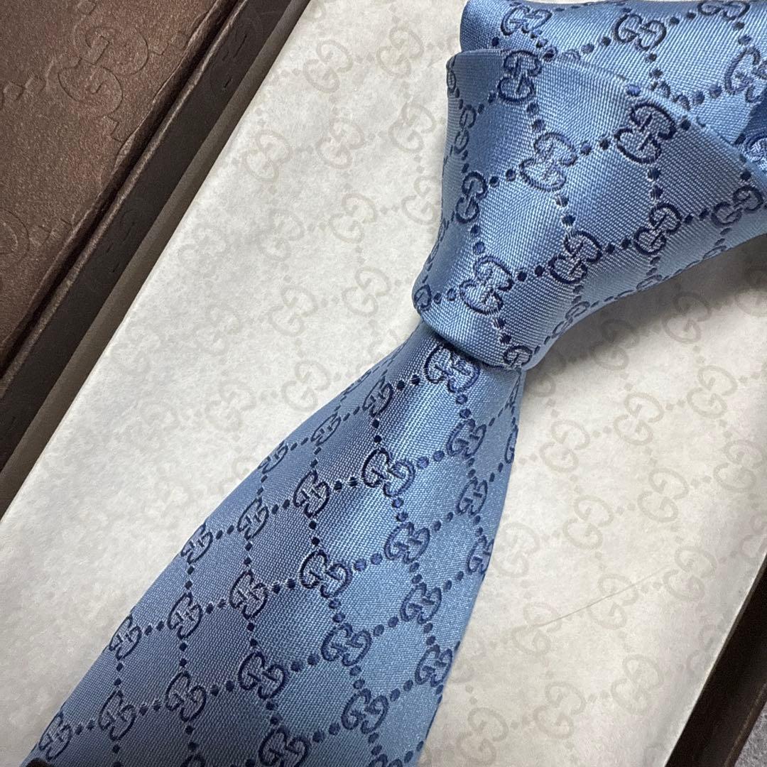 未使用タグ付　グッチ　ネクタイ　水色　GG柄　インターロッキングG 結婚式