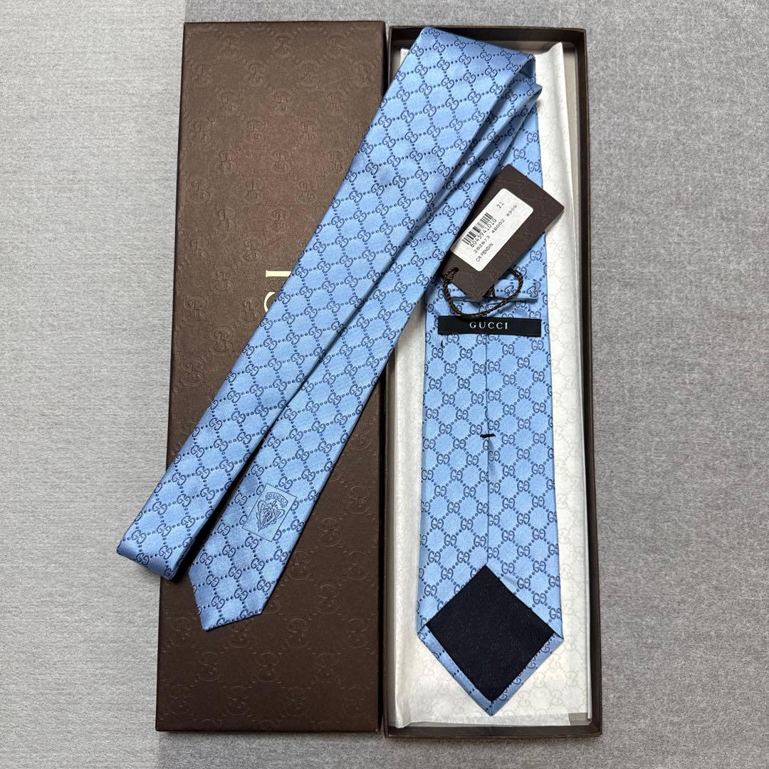 未使用タグ付　グッチ　ネクタイ　水色　GG柄　インターロッキングG 結婚式