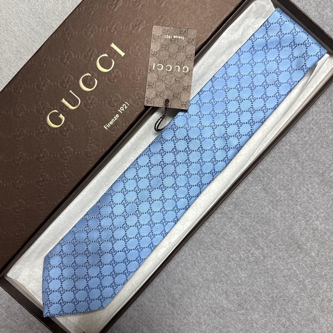 未使用タグ付　グッチ　ネクタイ　水色　GG柄　インターロッキングG 結婚式