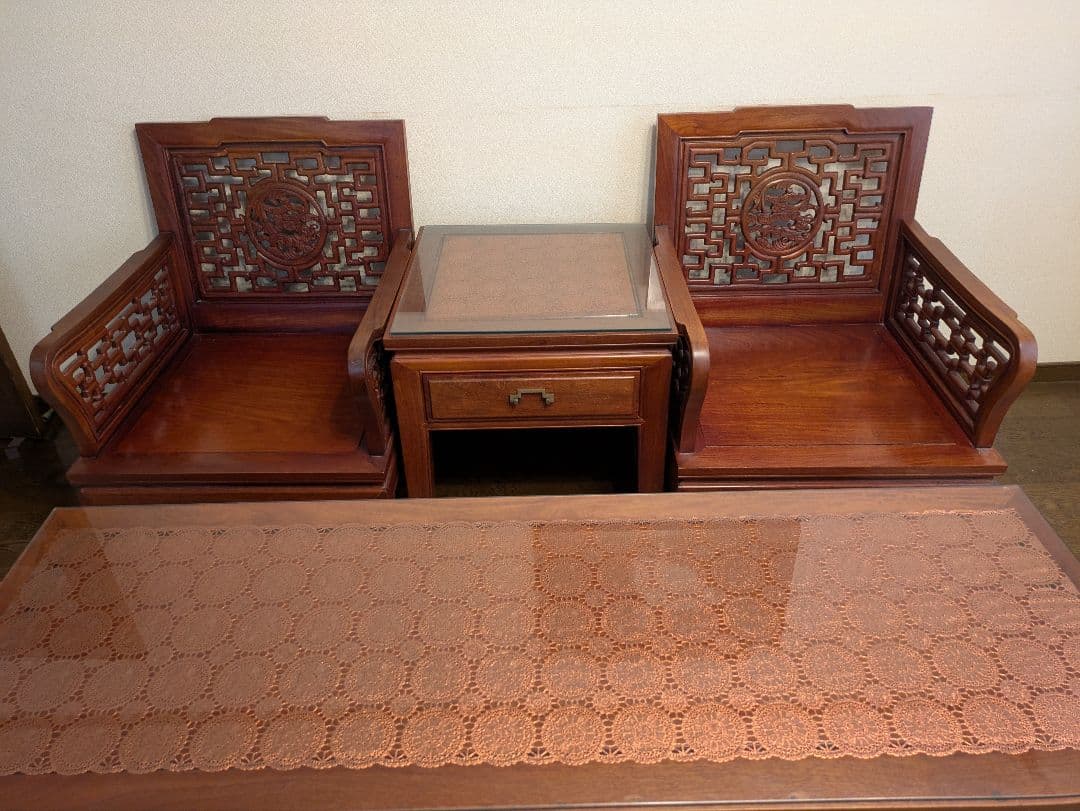 【yuki】中国木製彫刻入り応接セット【引き取り専用】